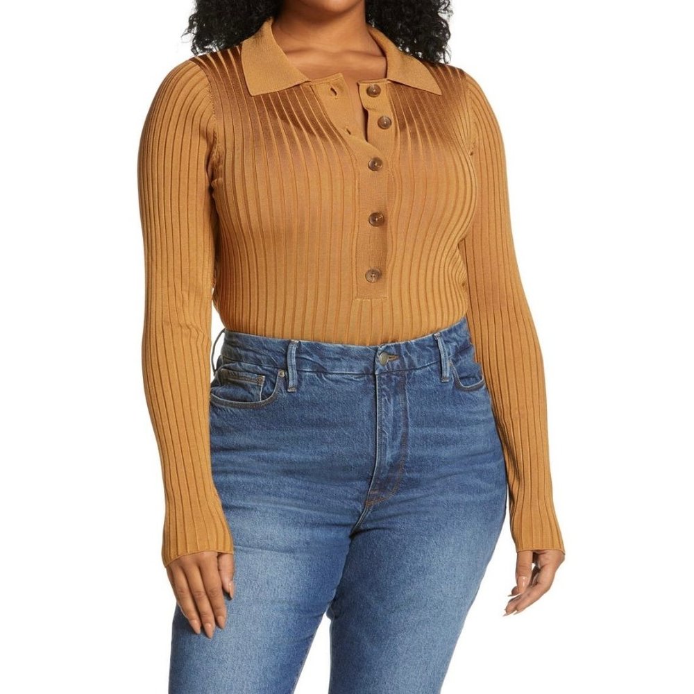 Good American Sweater Womens 00 0 Beige Caramel Tan Slim Rib Polo Shirt
